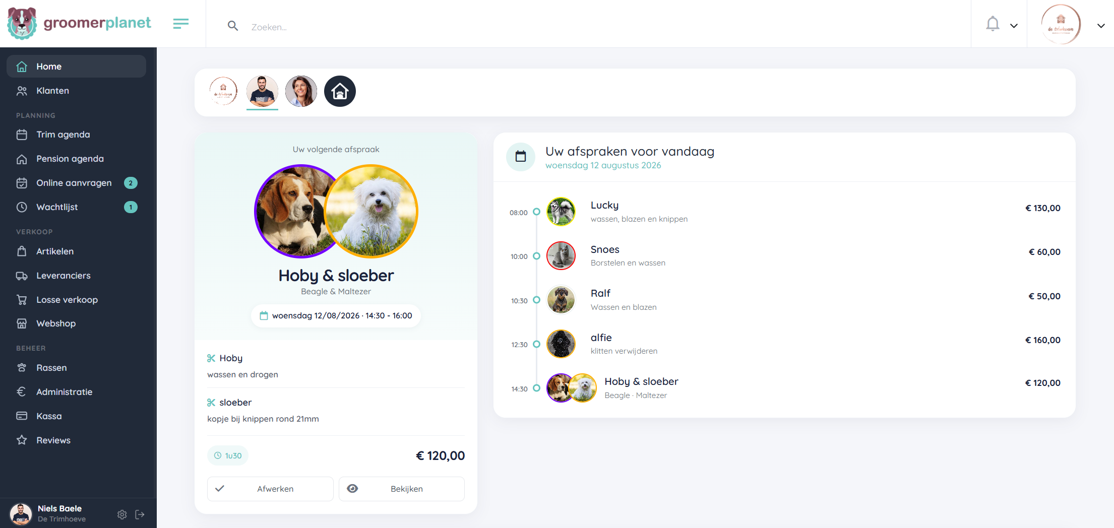 Groomerplanet dashboard - agenda en klantenoverzicht
